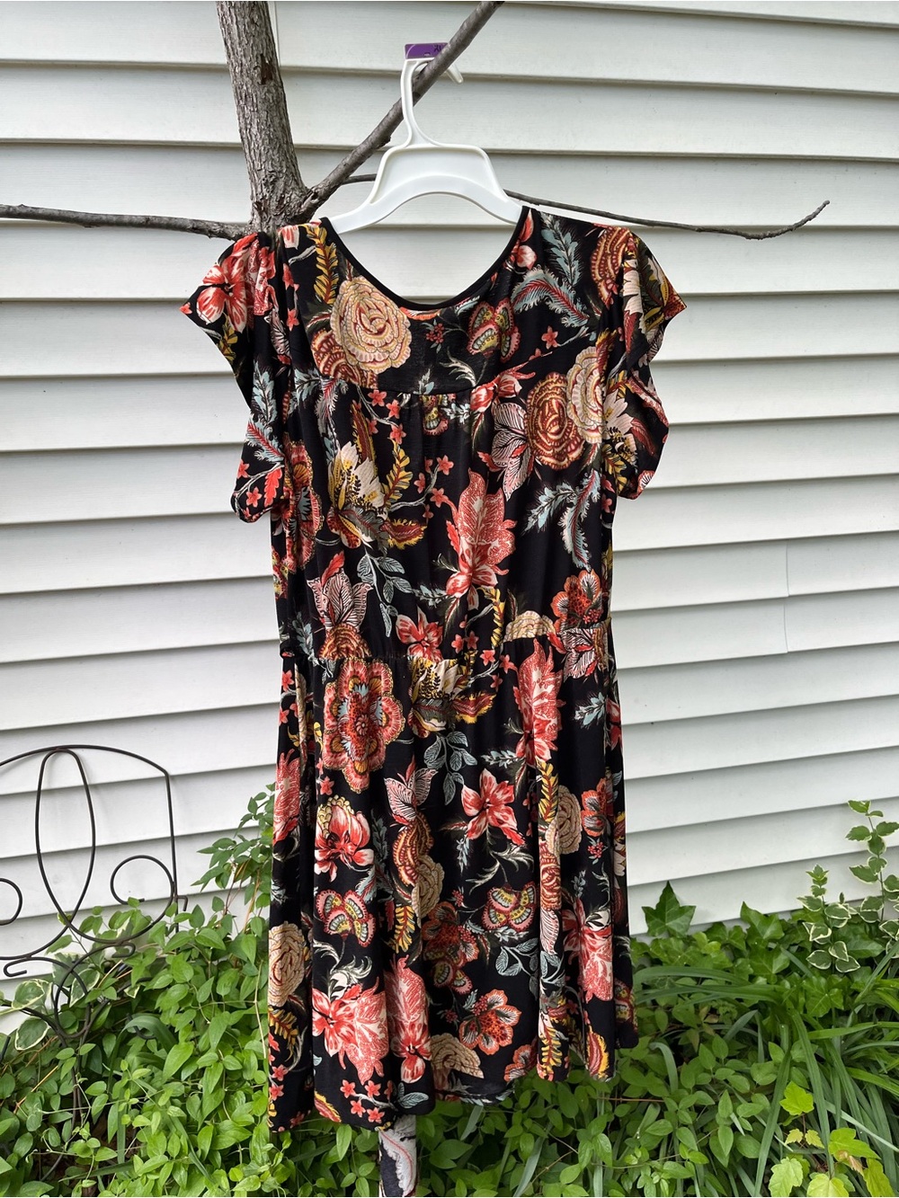 Xhilaration Black Mini Dress with Coral, Gold & Sage Floral Print